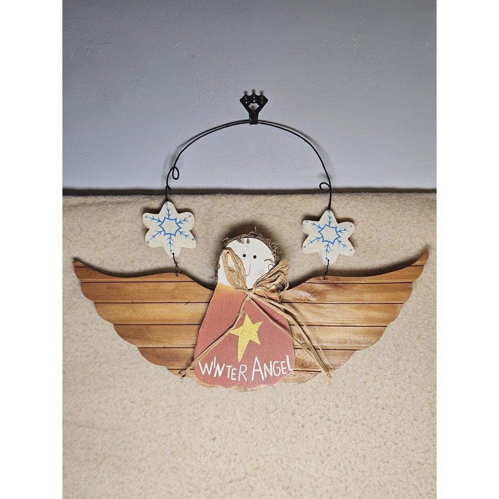 Primitive Winter Angel Wood Wall Hanging Folk Art Christmas Snowflake Rustic...